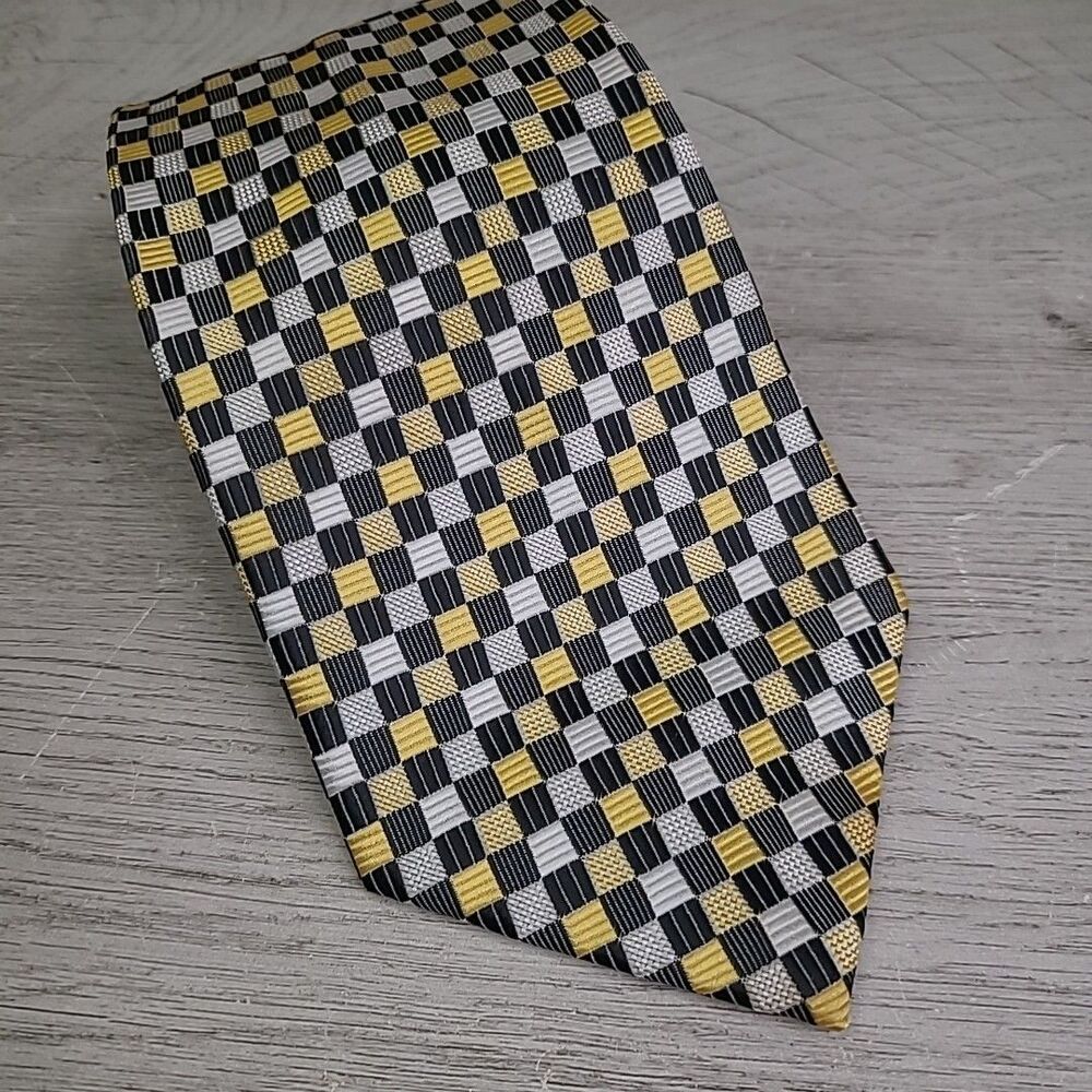 Enrico Fertuchie Mens Tie Necktie Geometric Squares Polyester Yellow Black VGC